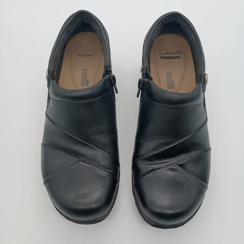 Clarks Collection Black Leather Pleated Zipper Ankle Booties‎ Shoes 7.5 M